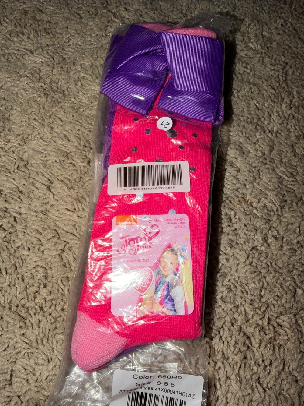 JoJo Siwa Hot Pink Socks with Purple Bow